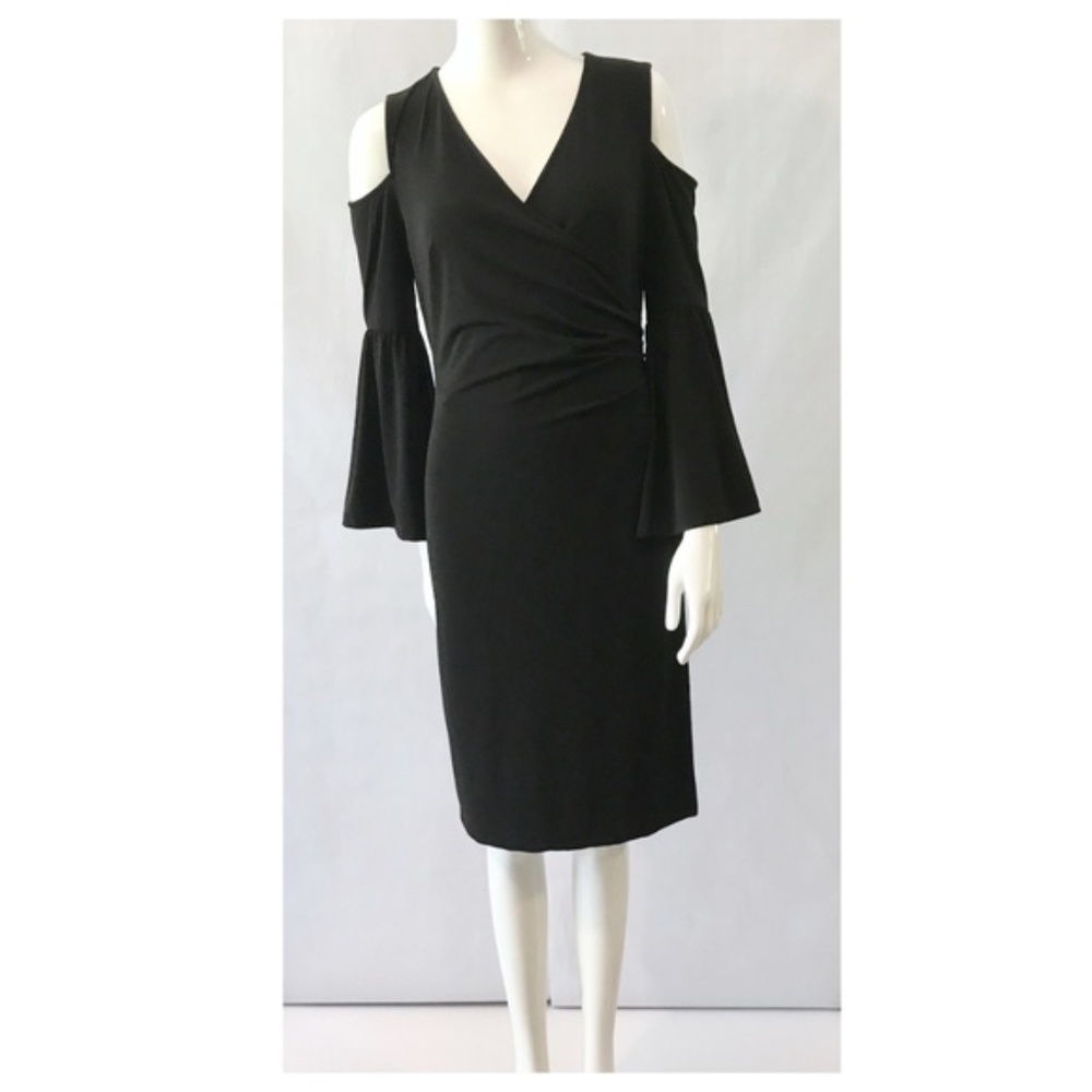 INC International Concepts Black Cold Shoulder Bell Sleeve Cocktail Dress
